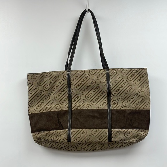 Coach Signature Lozenge Logo Canvas Shoulder Tote Bag Brown 18"x10"x3" - Picture 1 of 9